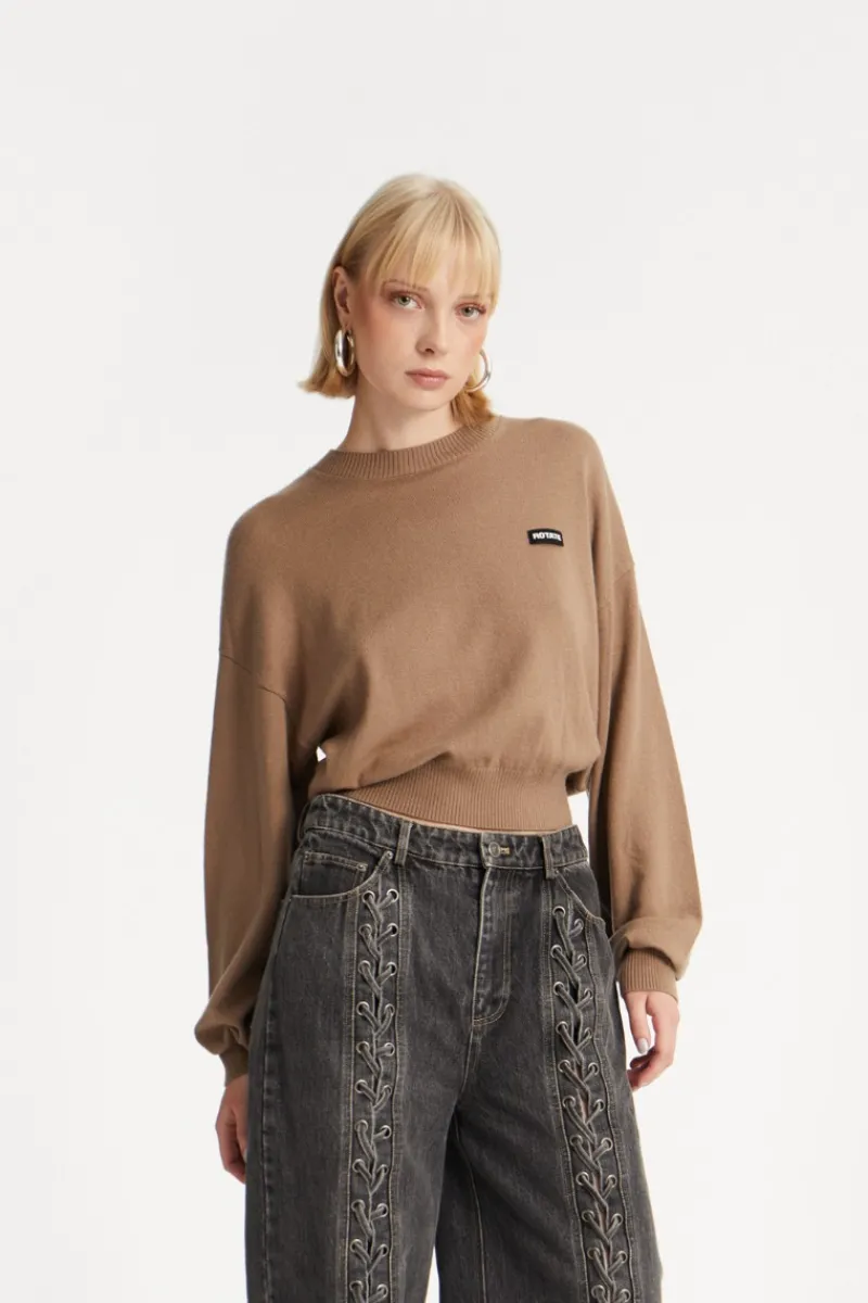 Knitwear|Tops-ROTATE Birger Christensen Basic Crewneck Sweater Brown Portabella color