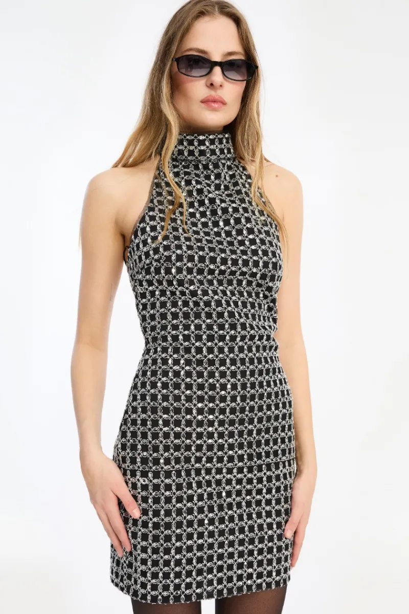 Sequins|Dresses-ROTATE Birger Christensen Beaded Halterneck Dress Black Black color