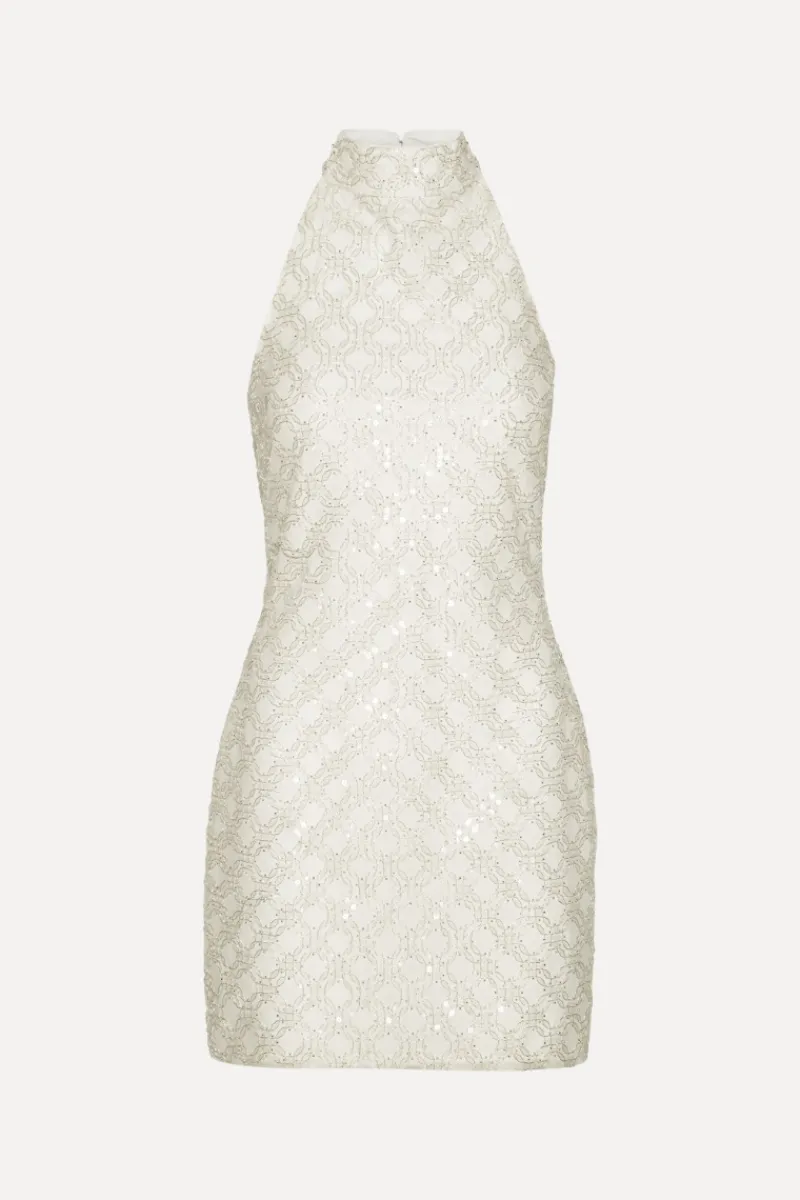Bridal|Sequins-ROTATE Birger Christensen Beaded Halterneck Dress Creme White Egret color
