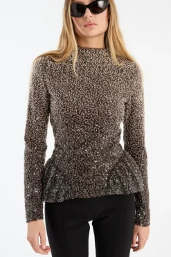 Tops-ROTATE Birger Christensen Beaded Ls Top Brown Nougat Comb. color