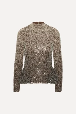 Tops-ROTATE Birger Christensen Beaded Ls Top Brown Nougat Comb. color