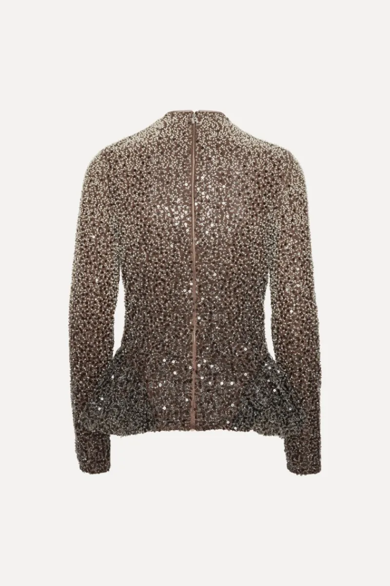 Tops-ROTATE Birger Christensen Beaded Ls Top Brown Nougat Comb. color