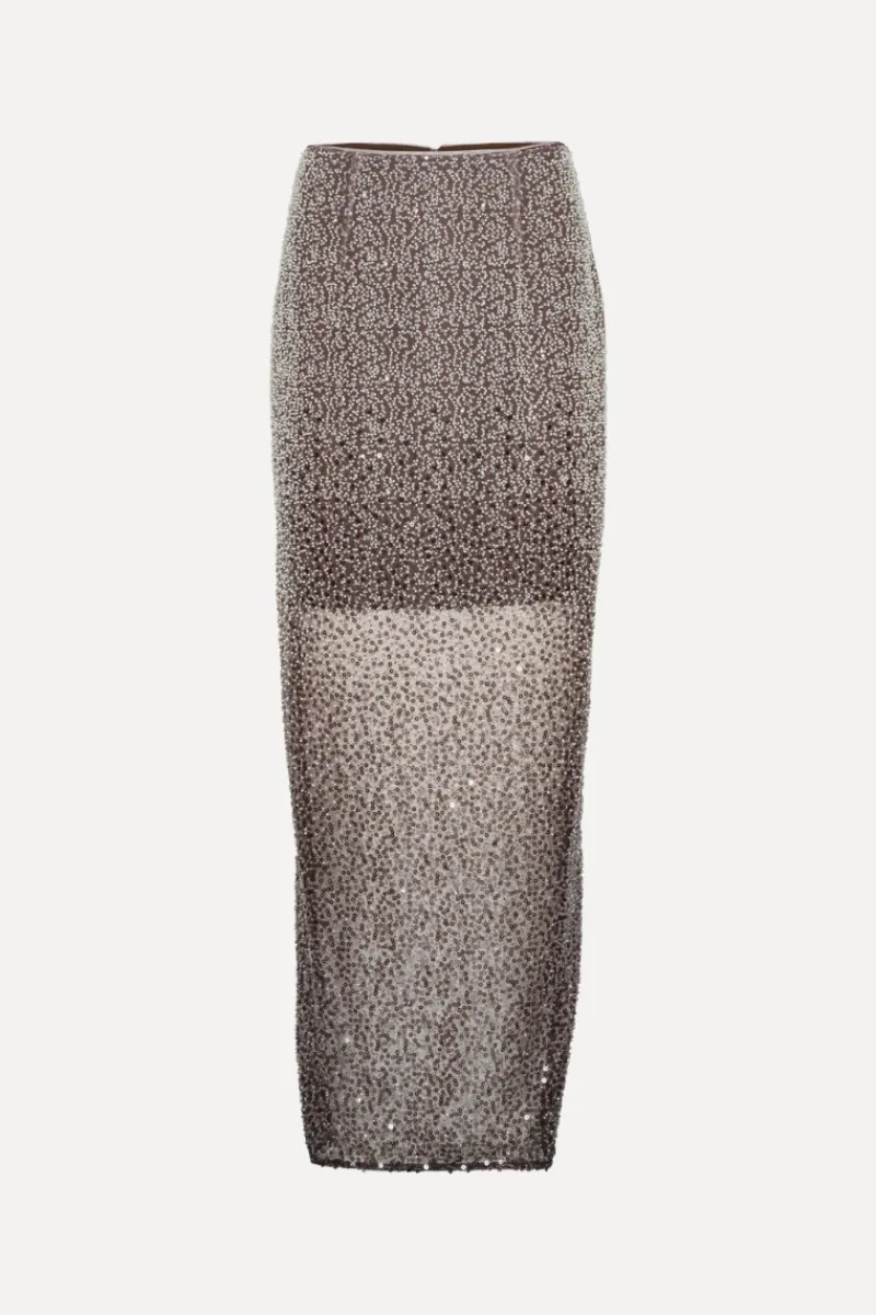 Skirts-ROTATE Birger Christensen Beaded Maxi Skirt Brown Nougat Comb. color