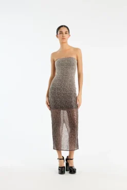 Sequins|Midi Dresses-ROTATE Birger Christensen Beaded Midi Tube Dress Brown Nougat Comb. color