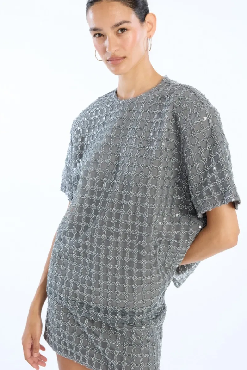 Tops-ROTATE Birger Christensen Beaded Oversized Top Grey Castor Gray color
