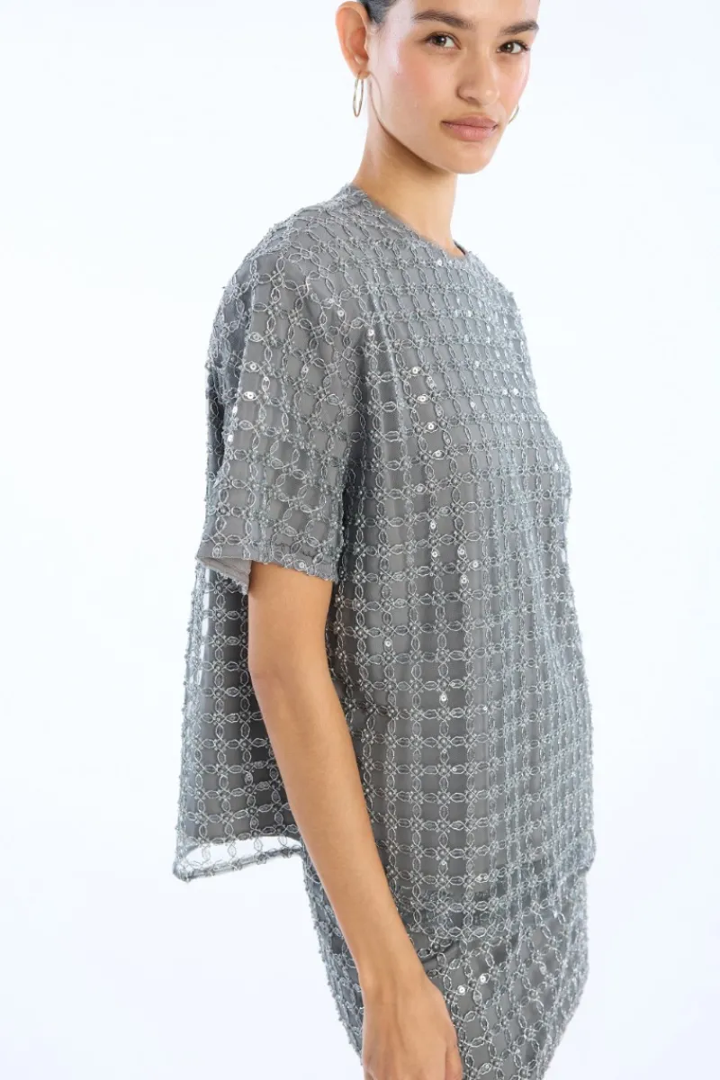 Tops-ROTATE Birger Christensen Beaded Oversized Top Grey Castor Gray color