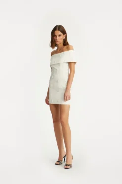Bridal|Mini Dresses-ROTATE Birger Christensen Beaded Satin Mini Dress Creme White Egret color