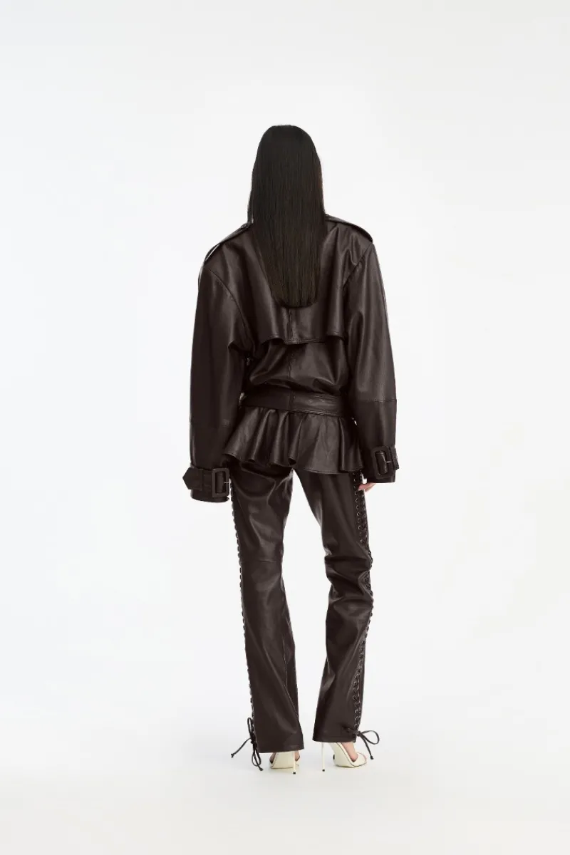 Outerwear-ROTATE Birger Christensen Biker Leather Jacket Dark Brown Molé color