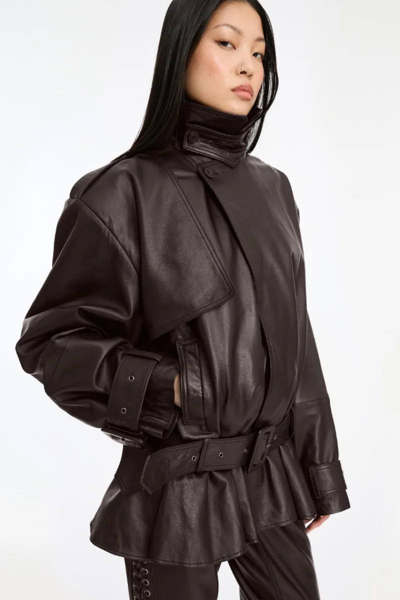 Outerwear-ROTATE Birger Christensen Biker Leather Jacket Dark Brown Molé color