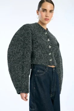 Tops|Outerwear-ROTATE Birger Christensen Boucle Short Jacket Dark Grey Gray Pinstripe color