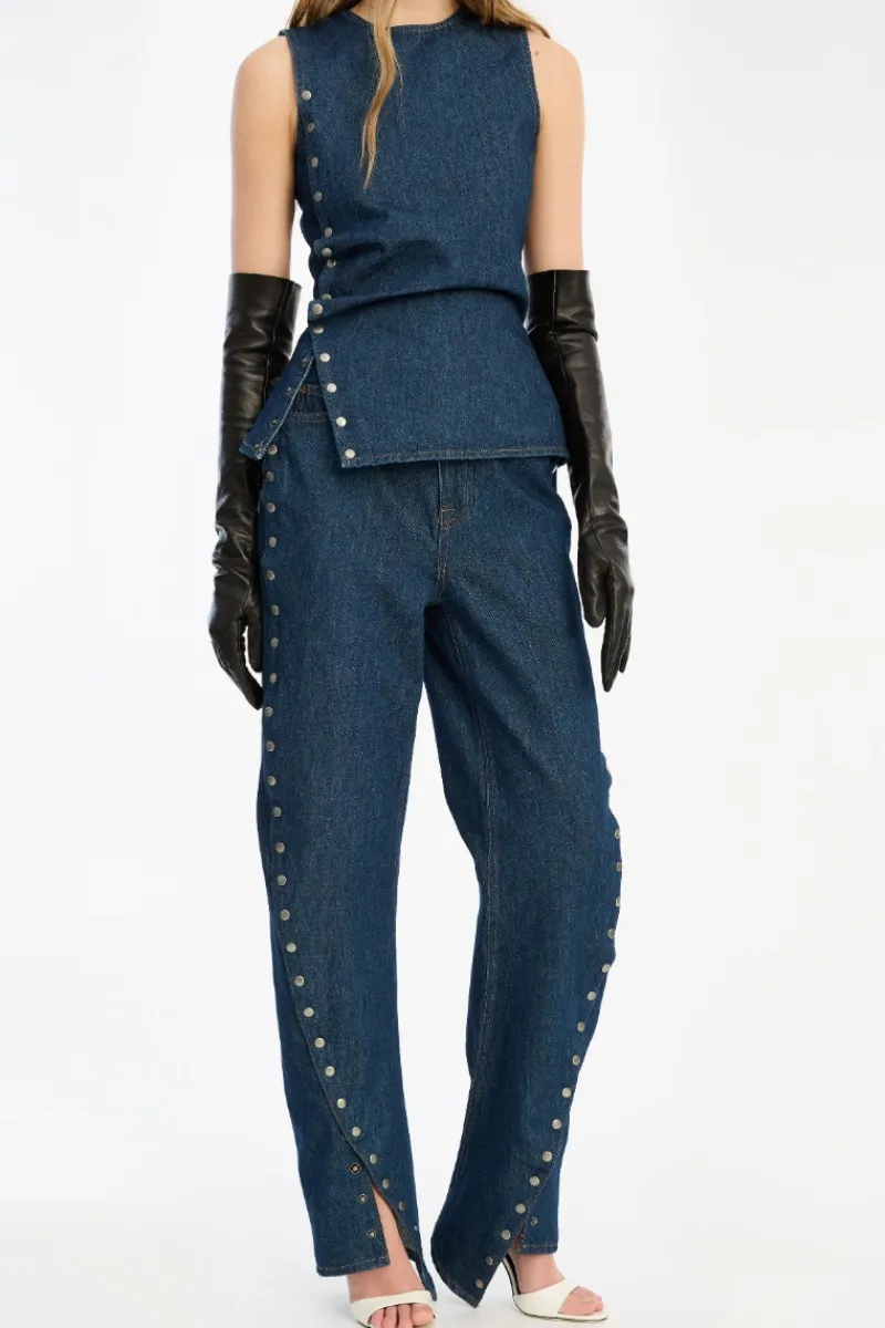 Pants-ROTATE Birger Christensen Buttoned Wide Leg Jeans Dark Blue Dark Blue color