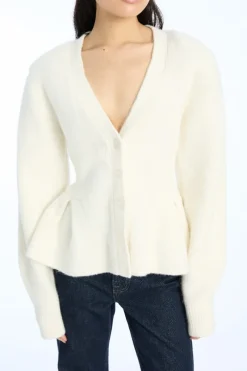 Knitwear|Tops-ROTATE Birger Christensen Cardigan W/ Peplum Creme Egret color