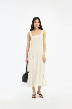 Dresses|Midi Dresses-ROTATE Birger Christensen Chiffon Flared Midi Dress Cream Egret Comb. color