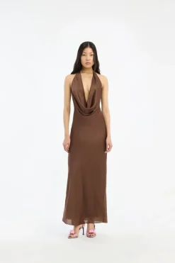 Midi Dresses|Dresses-ROTATE Birger Christensen Chiffon Halter Dress Dark Brown Potting Soil color