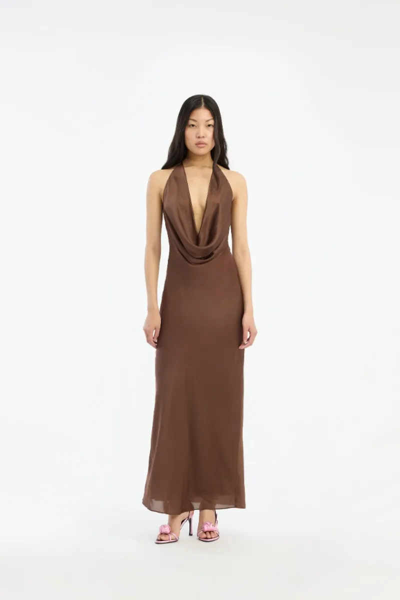 Midi Dresses|Dresses-ROTATE Birger Christensen Chiffon Halter Dress Dark Brown Potting Soil color