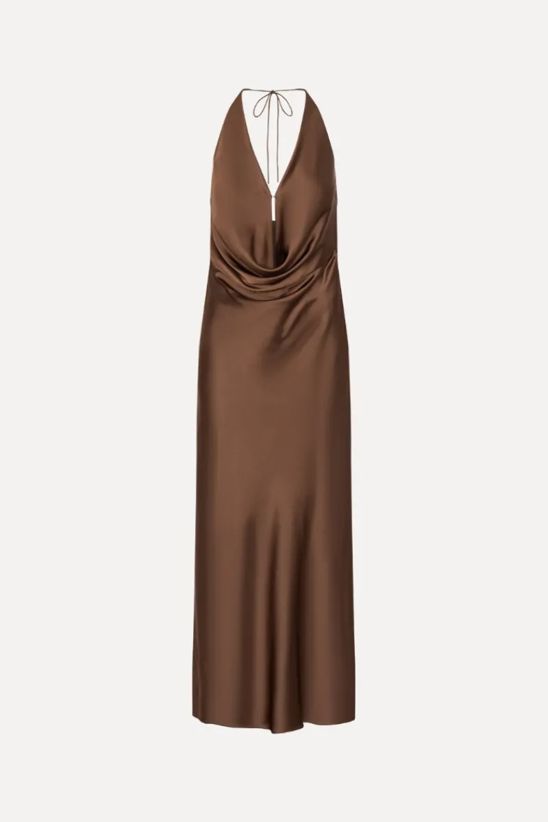 Midi Dresses|Dresses-ROTATE Birger Christensen Chiffon Halter Dress Dark Brown Potting Soil color