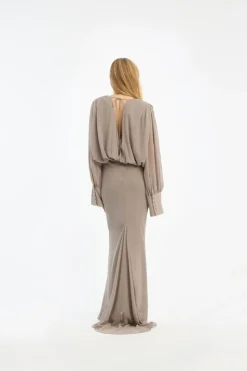 Maxi Dress|Dresses-ROTATE Birger Christensen Chiffon Ls Maxi Dress Taupe Driftwood color
