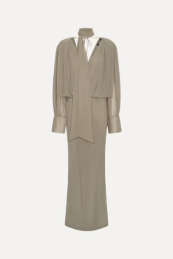 Maxi Dress|Dresses-ROTATE Birger Christensen Chiffon Ls Maxi Dress Taupe Driftwood color