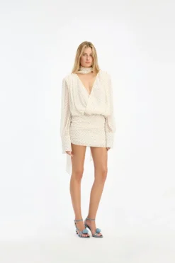 Mini Dresses|Dresses-ROTATE Birger Christensen Chiffon Ls V-neck Dress Creme Egret Comb. color