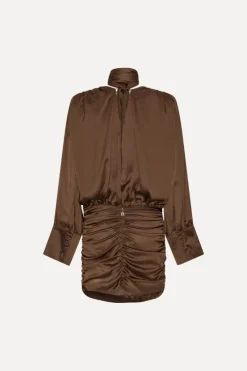 Mini Dresses|Dresses-ROTATE Birger Christensen Chiffon Ls V-neck Dress Dark Brown Potting Soil color