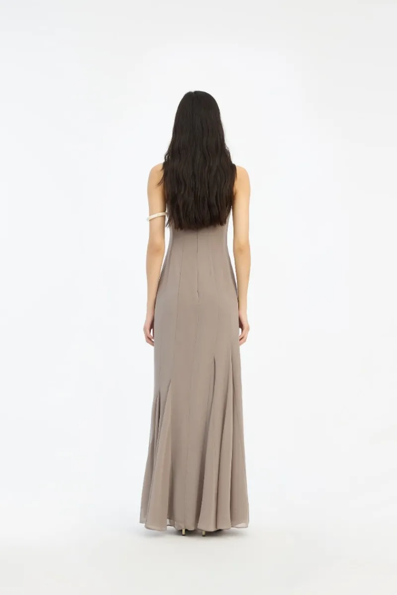 Maxi Dress|Dresses-ROTATE Birger Christensen Chiffon Maxi Strap Dress Taupe Driftwood color