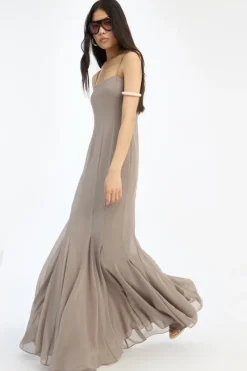 Maxi Dress|Dresses-ROTATE Birger Christensen Chiffon Maxi Strap Dress Taupe Driftwood color