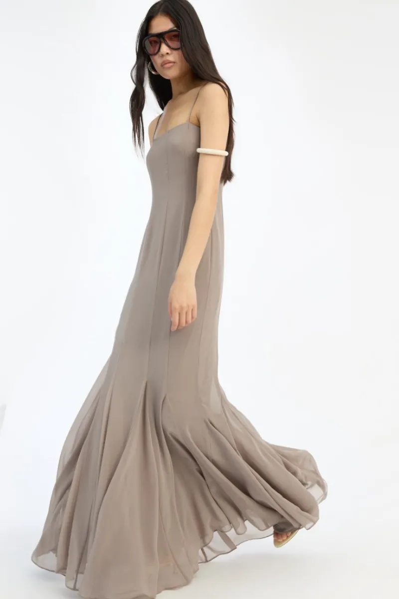 Maxi Dress|Dresses-ROTATE Birger Christensen Chiffon Maxi Strap Dress Taupe Driftwood color