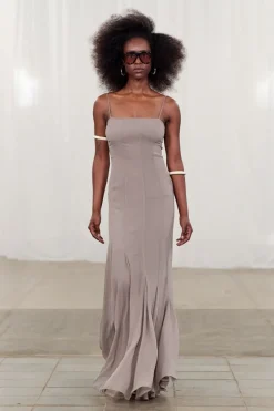 Maxi Dress|Dresses-ROTATE Birger Christensen Chiffon Maxi Strap Dress Taupe Driftwood color