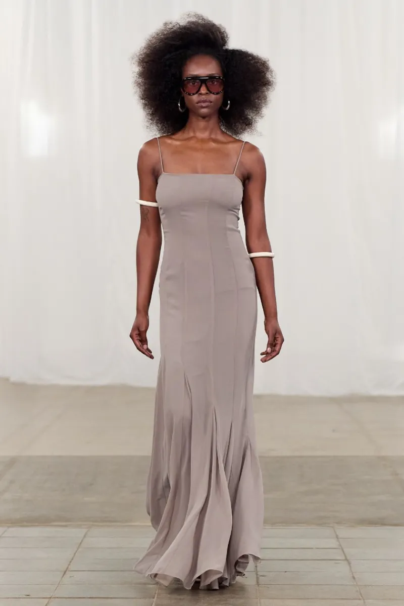 Maxi Dress|Dresses-ROTATE Birger Christensen Chiffon Maxi Strap Dress Taupe Driftwood color