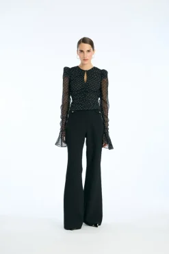 Tops-ROTATE Birger Christensen Chiffon Ruched Ls Top Black 1000 Black Comb. color