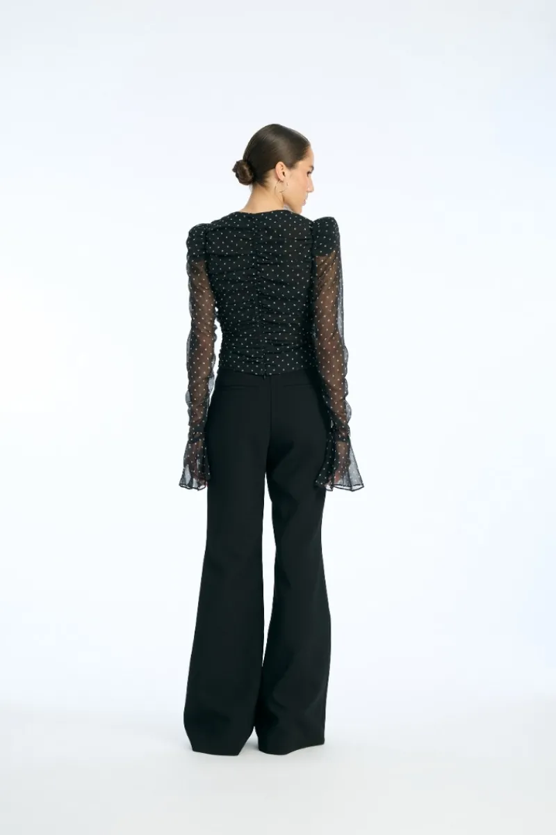 Tops-ROTATE Birger Christensen Chiffon Ruched Ls Top Black 1000 Black Comb. color
