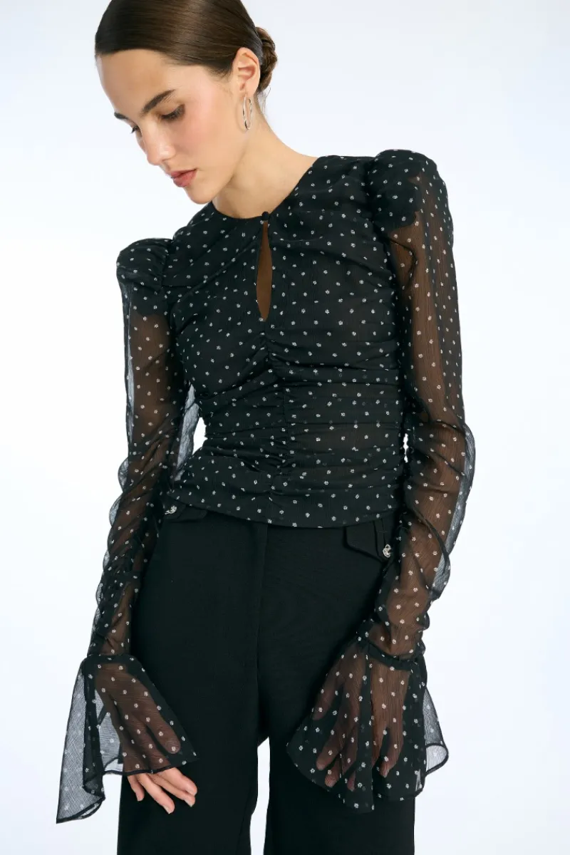 Tops-ROTATE Birger Christensen Chiffon Ruched Ls Top Black 1000 Black Comb. color