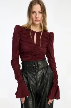 Tops-ROTATE Birger Christensen Chiffon Ruched Ls Top Burgundy Zinfandelcolor