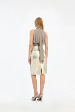 Tops-ROTATE Birger Christensen Chiffon Ruched Top Taupe Driftwood color