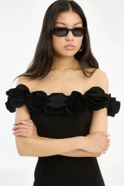 Midi Dresses|Dresses-ROTATE Birger Christensen Crepe Midi Flower Dress Black Black color