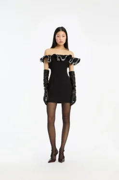 Mini Dresses-ROTATE Birger Christensen Crepe Mini Ruffle Dress Black Black color