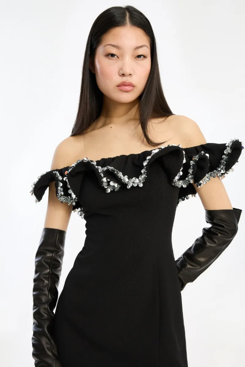 Mini Dresses-ROTATE Birger Christensen Crepe Mini Ruffle Dress Black Black color