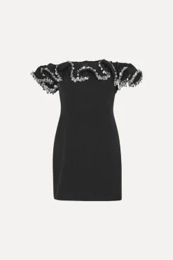 Mini Dresses-ROTATE Birger Christensen Crepe Mini Ruffle Dress Black Black color
