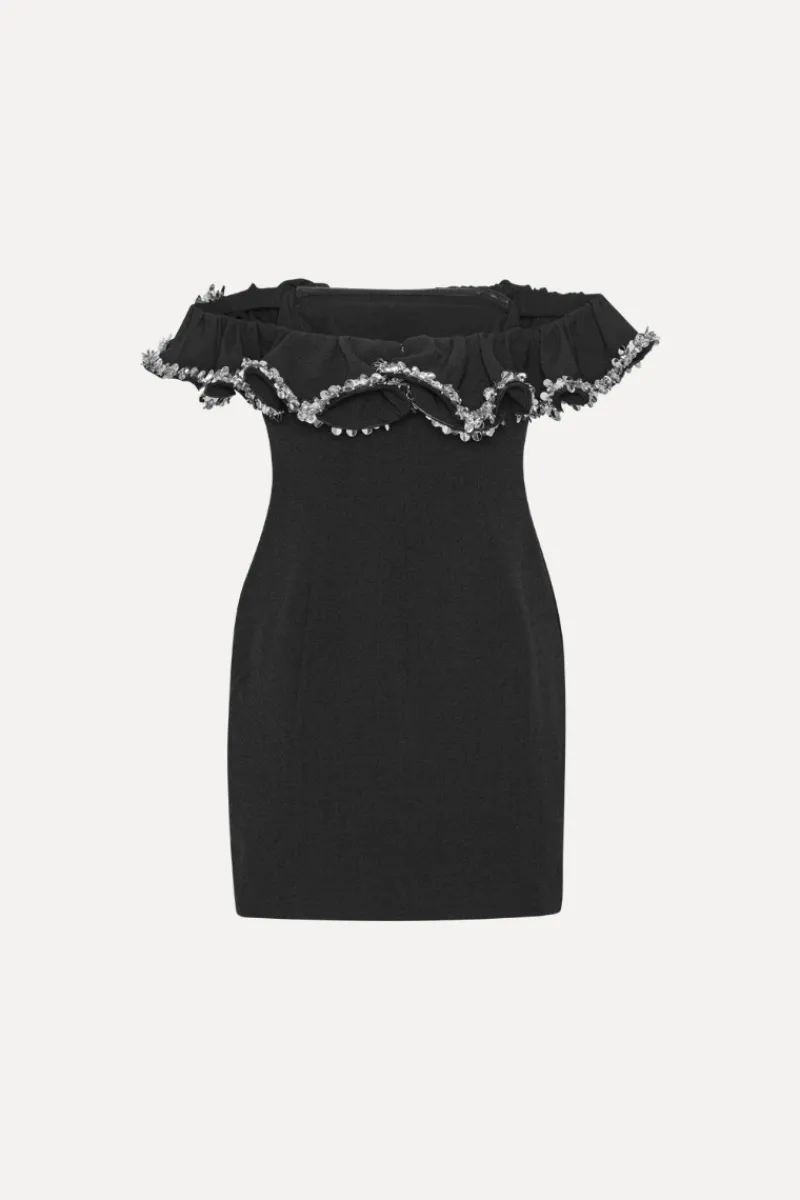 Mini Dresses-ROTATE Birger Christensen Crepe Mini Ruffle Dress Black Black color