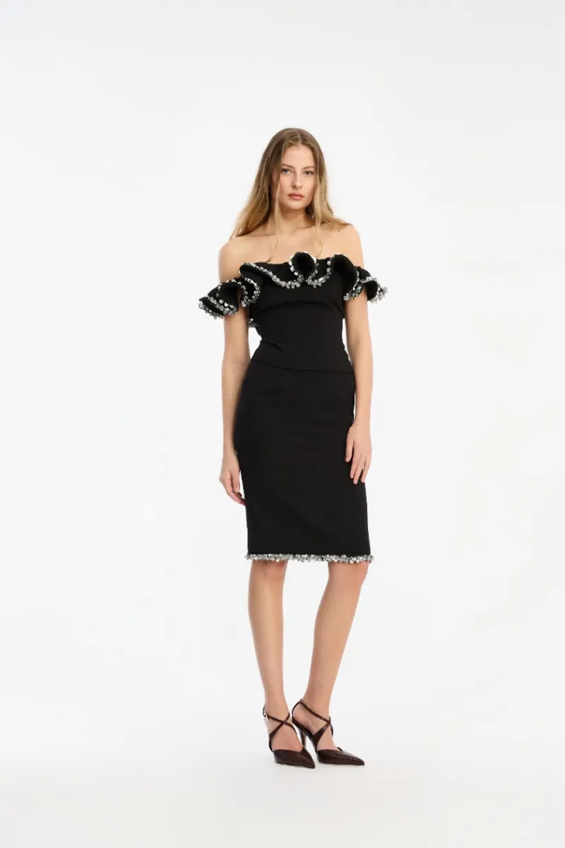 Tops-ROTATE Birger Christensen Crepe Ruffle Top Black Black color