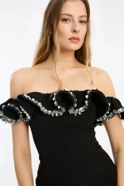 Tops-ROTATE Birger Christensen Crepe Ruffle Top Black Black color