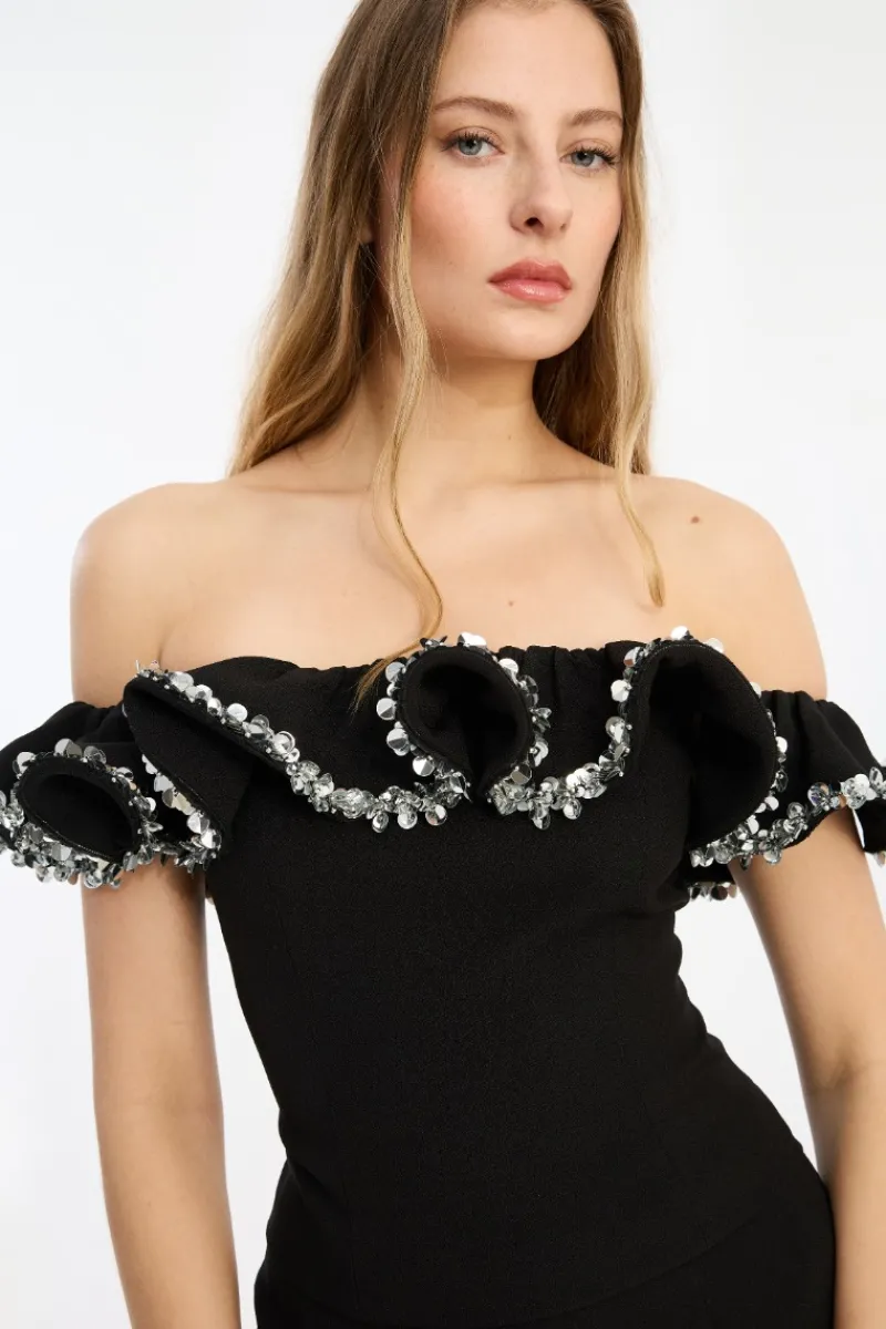 Tops-ROTATE Birger Christensen Crepe Ruffle Top Black Black color