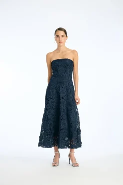 Midi Dresses|Dresses-ROTATE Birger Christensen 3d Lace Flared Midi Dress Dark Blue Navy Blazer color