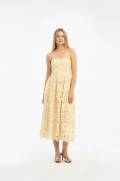 Midi Dresses|Dresses-ROTATE Birger Christensen 3D Lace Flared Midi Dress Yellow Italian Straw color