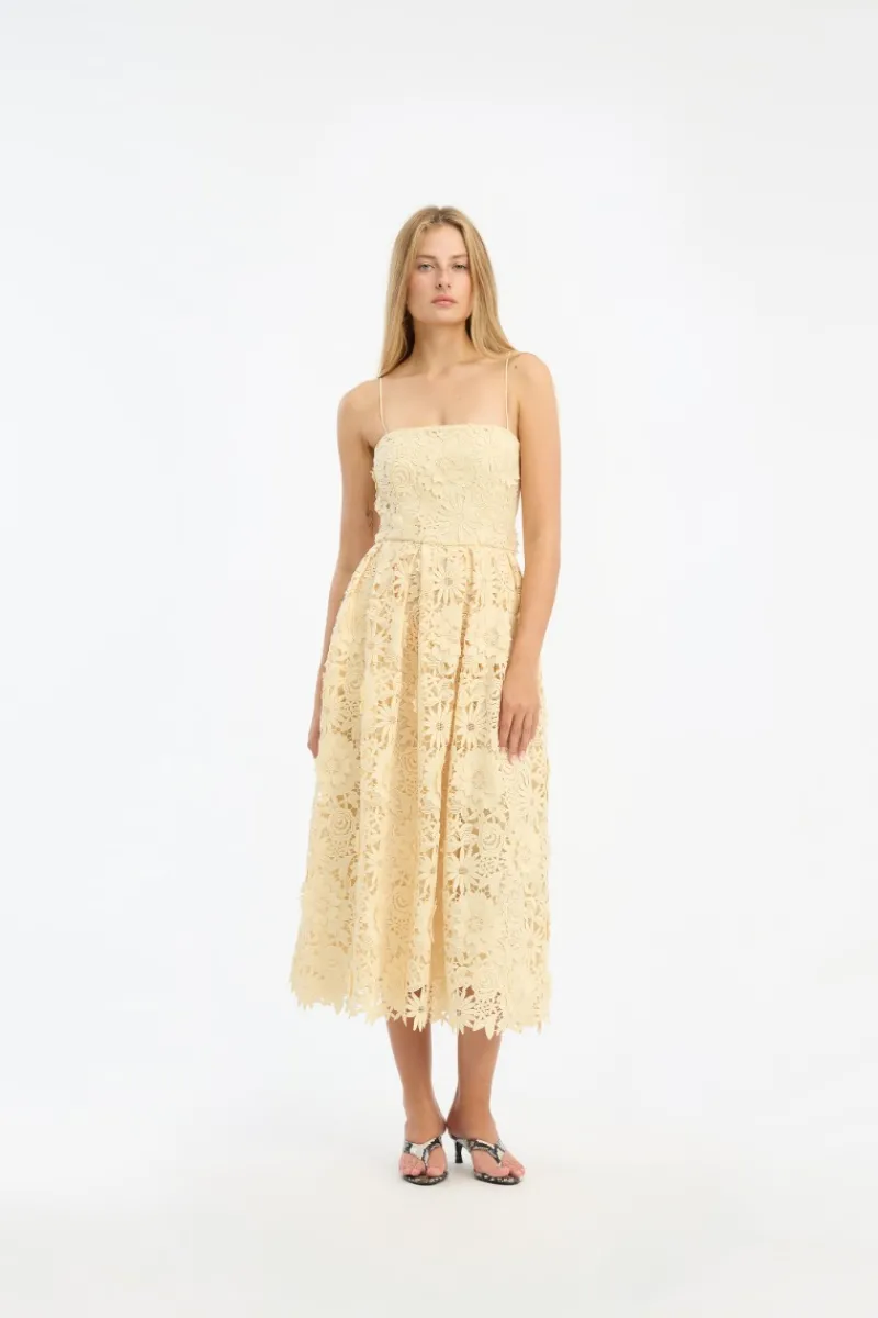 Midi Dresses|Dresses-ROTATE Birger Christensen 3D Lace Flared Midi Dress Yellow Italian Straw color