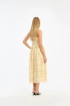 Midi Dresses|Dresses-ROTATE Birger Christensen 3D Lace Flared Midi Dress Yellow Italian Straw color