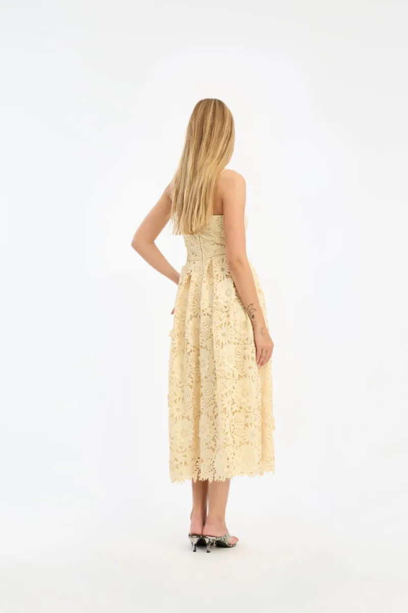 Midi Dresses|Dresses-ROTATE Birger Christensen 3D Lace Flared Midi Dress Yellow Italian Straw color