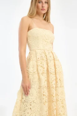 Midi Dresses|Dresses-ROTATE Birger Christensen 3D Lace Flared Midi Dress Yellow Italian Straw color