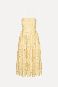 Midi Dresses|Dresses-ROTATE Birger Christensen 3D Lace Flared Midi Dress Yellow Italian Straw color