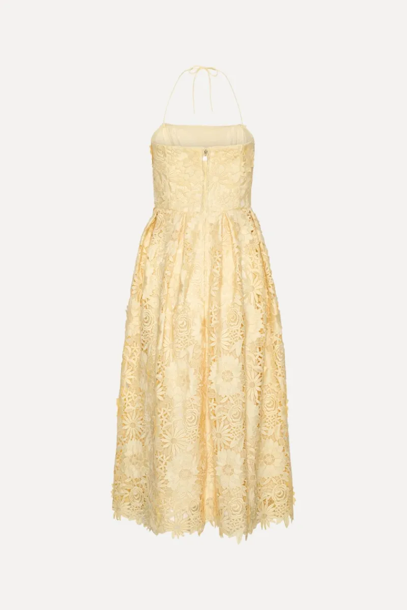 Midi Dresses|Dresses-ROTATE Birger Christensen 3D Lace Flared Midi Dress Yellow Italian Straw color